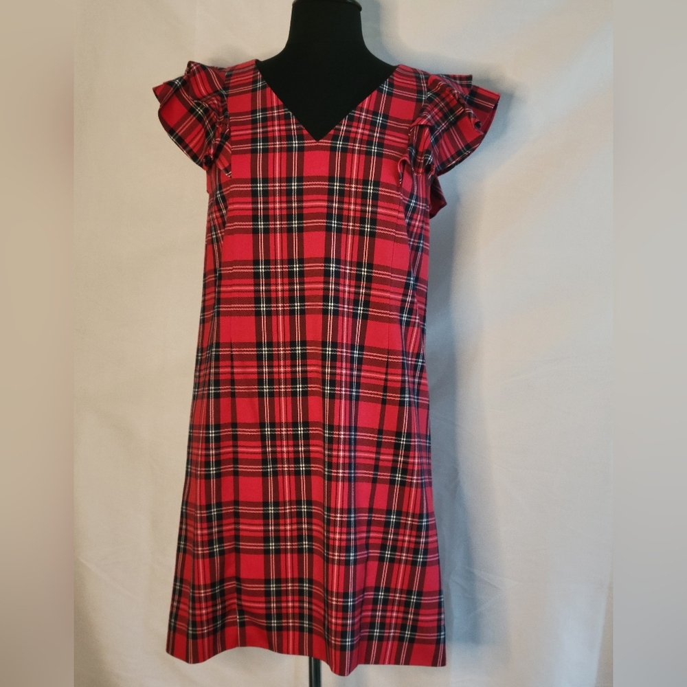 Draper James Red Plaid Tartan Shift V-Neck Dress with Ruffle Sleeves Excellent